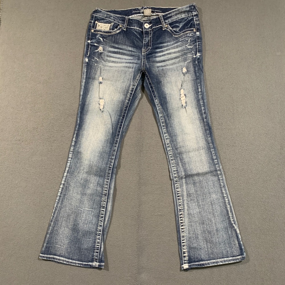 Vanity Bootcut Jeans Womens 30W/31L Distressed Lace Whiskered Y2K Western Flare